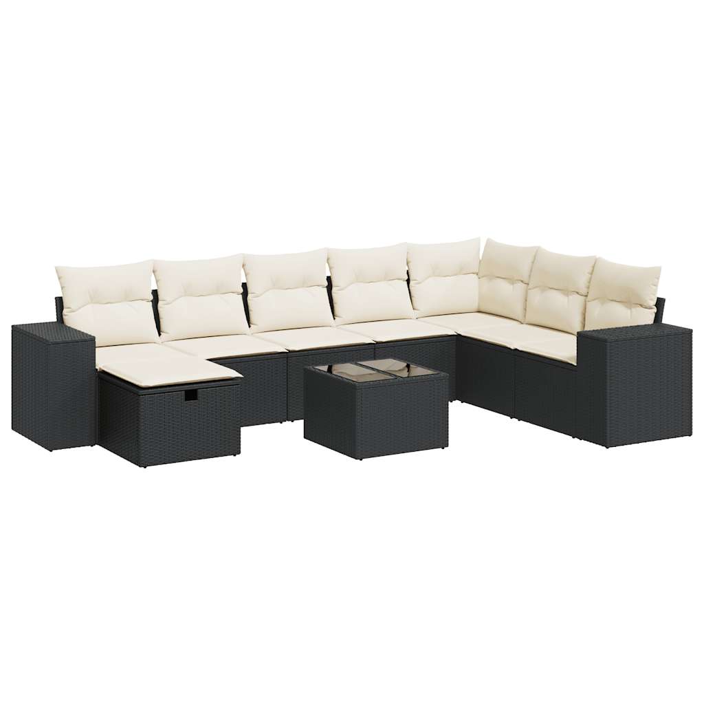 Set mobilier de grădină cu perne, 9 piese, negru, poliratan