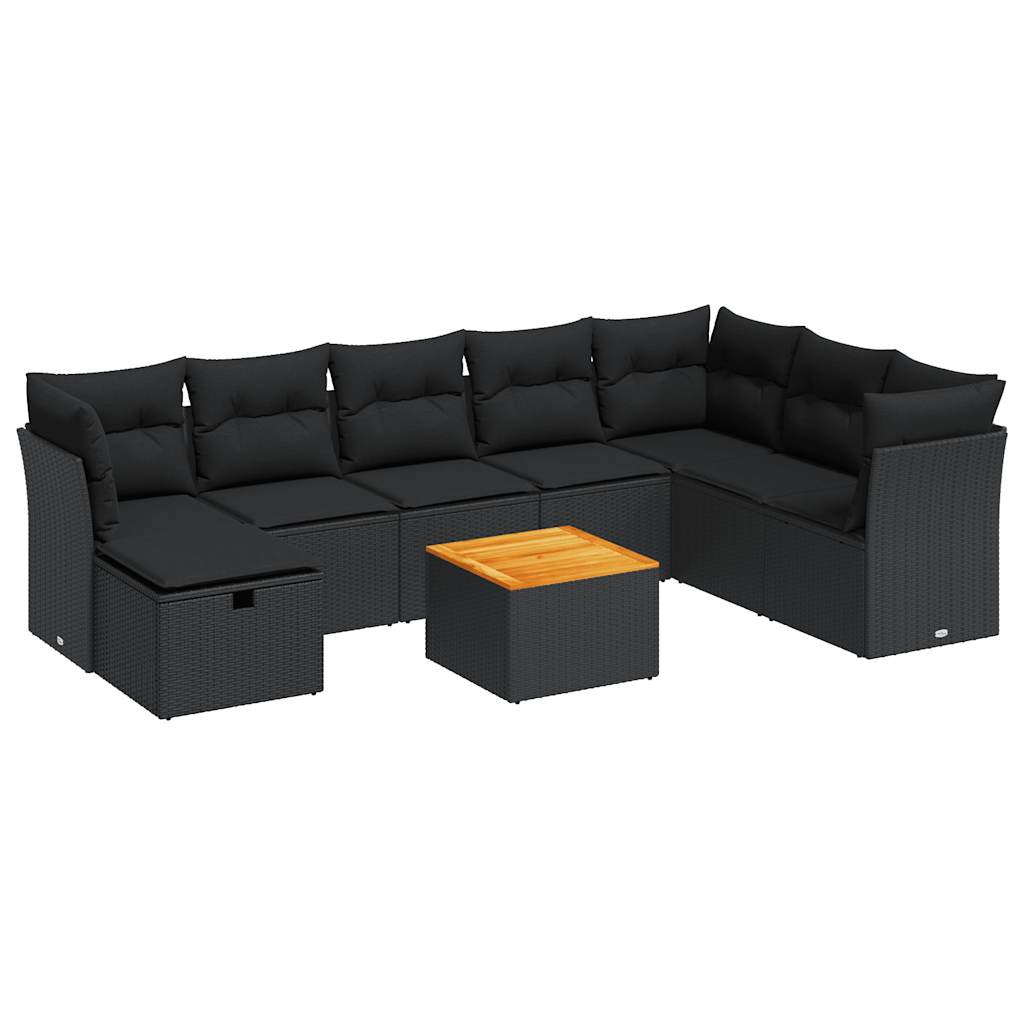 Set mobilier de grădină cu perne, 9 piese, negru, poliratan