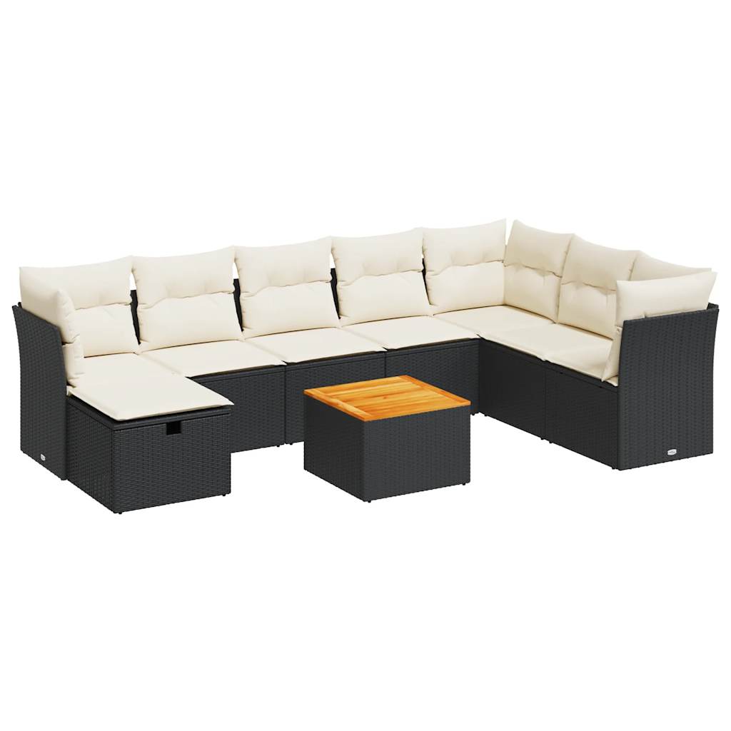 Set mobilier de grădină cu perne, 9 piese, negru, poliratan