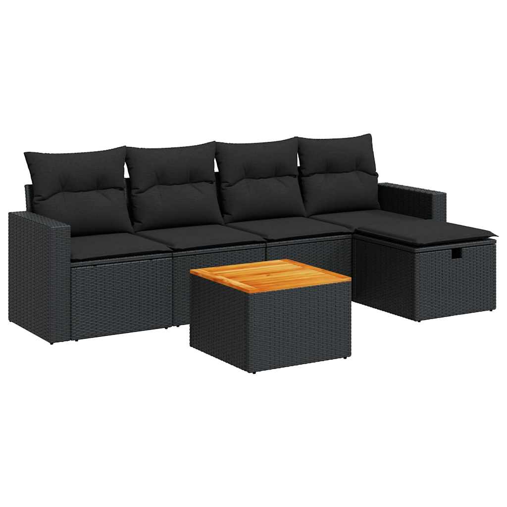 Set mobilier de grădină cu perne, 6 piese, negru, poliratan