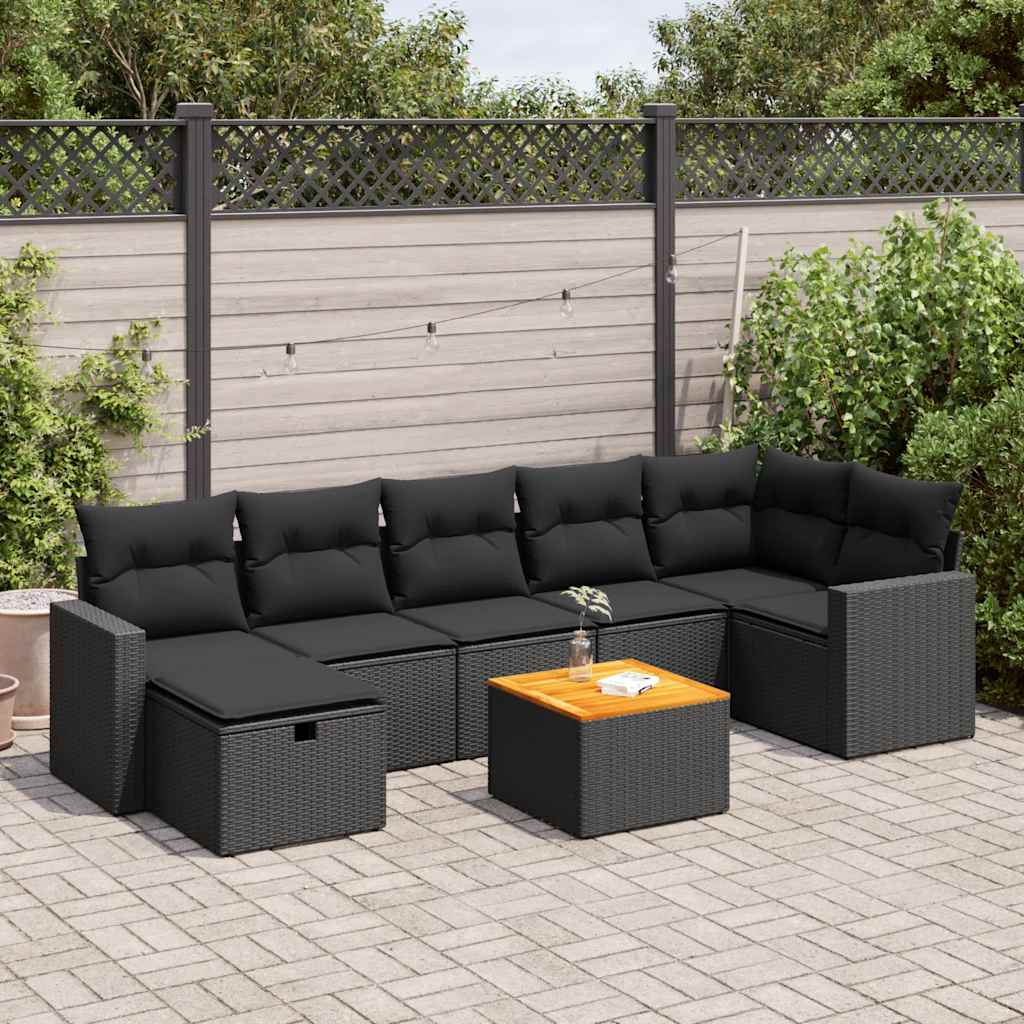 Set mobilier de grădină cu perne, 8 piese, negru, poliratan