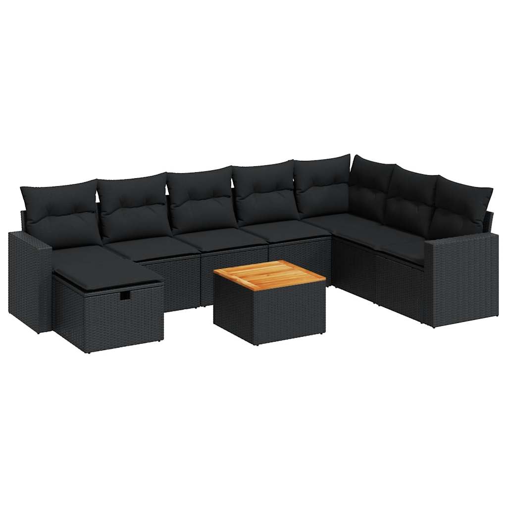 Set mobilier de grădină cu perne, 9 piese, negru, poliratan