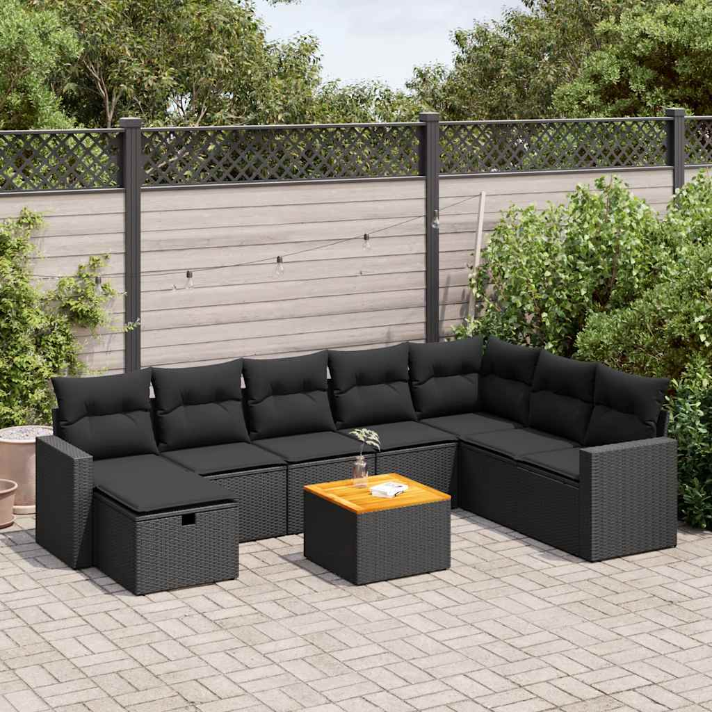 Set mobilier de grădină cu perne, 9 piese, negru, poliratan