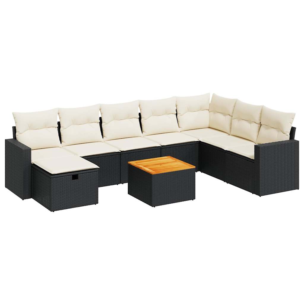 Set mobilier de grădină cu perne, 9 piese, negru, poliratan