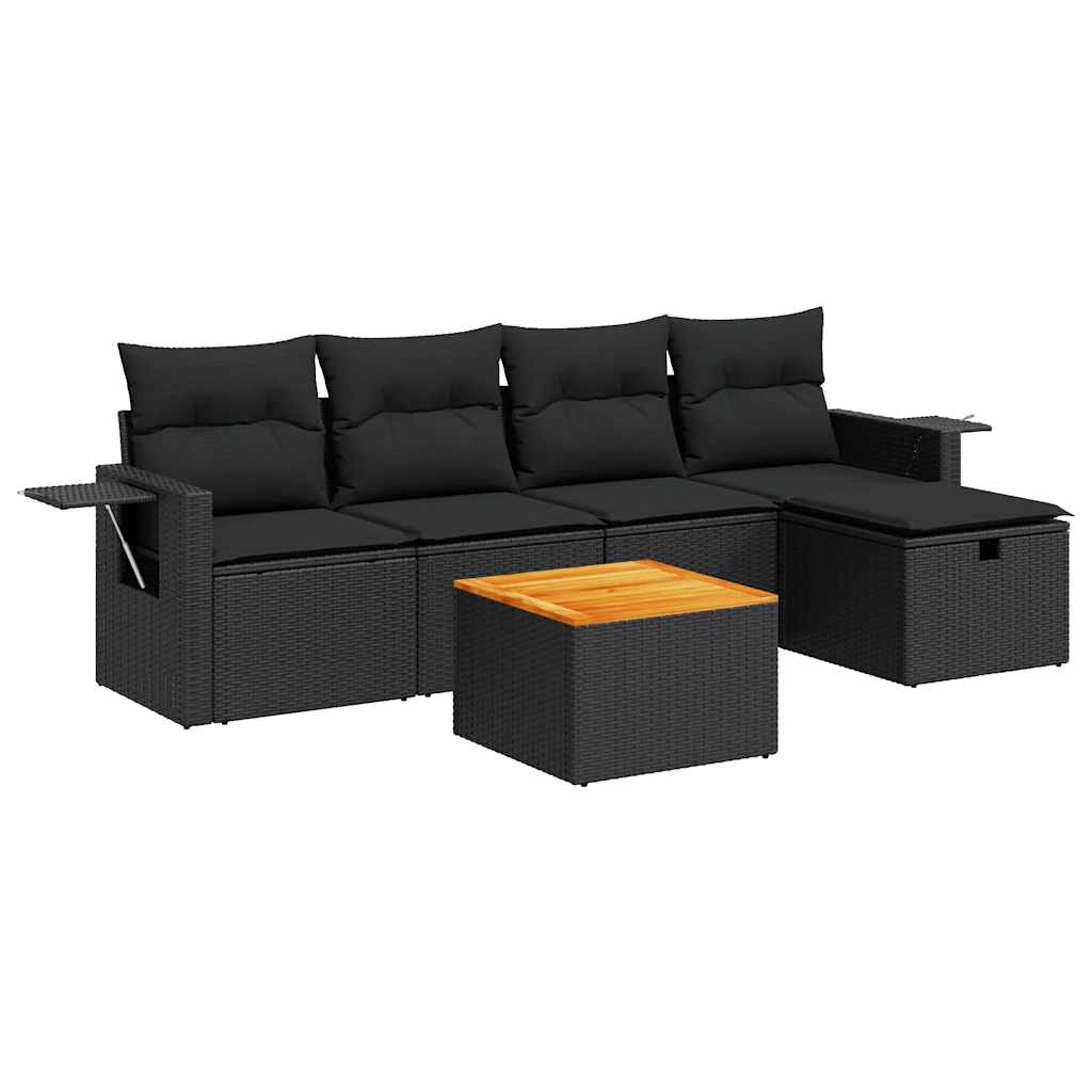 Set mobilier de grădină cu perne, 6 piese, negru, poliratan