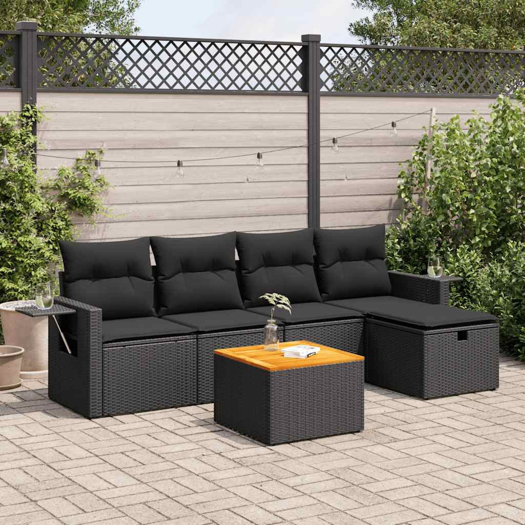 Set mobilier de grădină cu perne, 6 piese, negru, poliratan