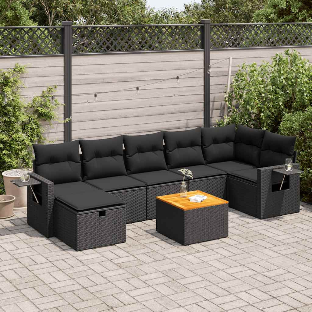 Set mobilier de grădină cu perne, 8 piese, negru, poliratan