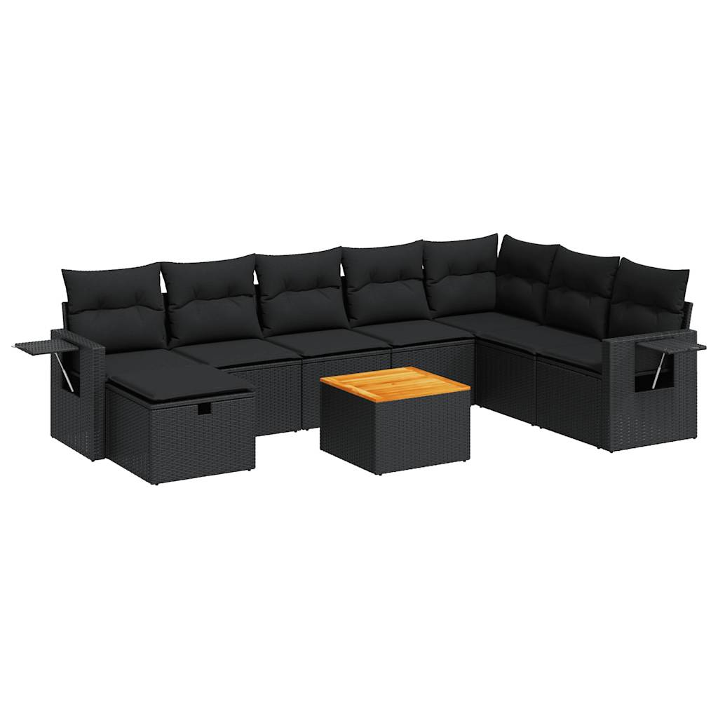 Set mobilier de grădină cu perne, 9 piese, negru, poliratan