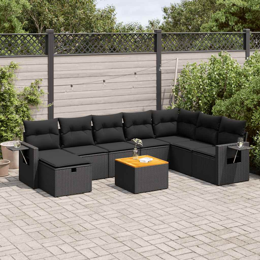 Set mobilier de grădină cu perne, 9 piese, negru, poliratan