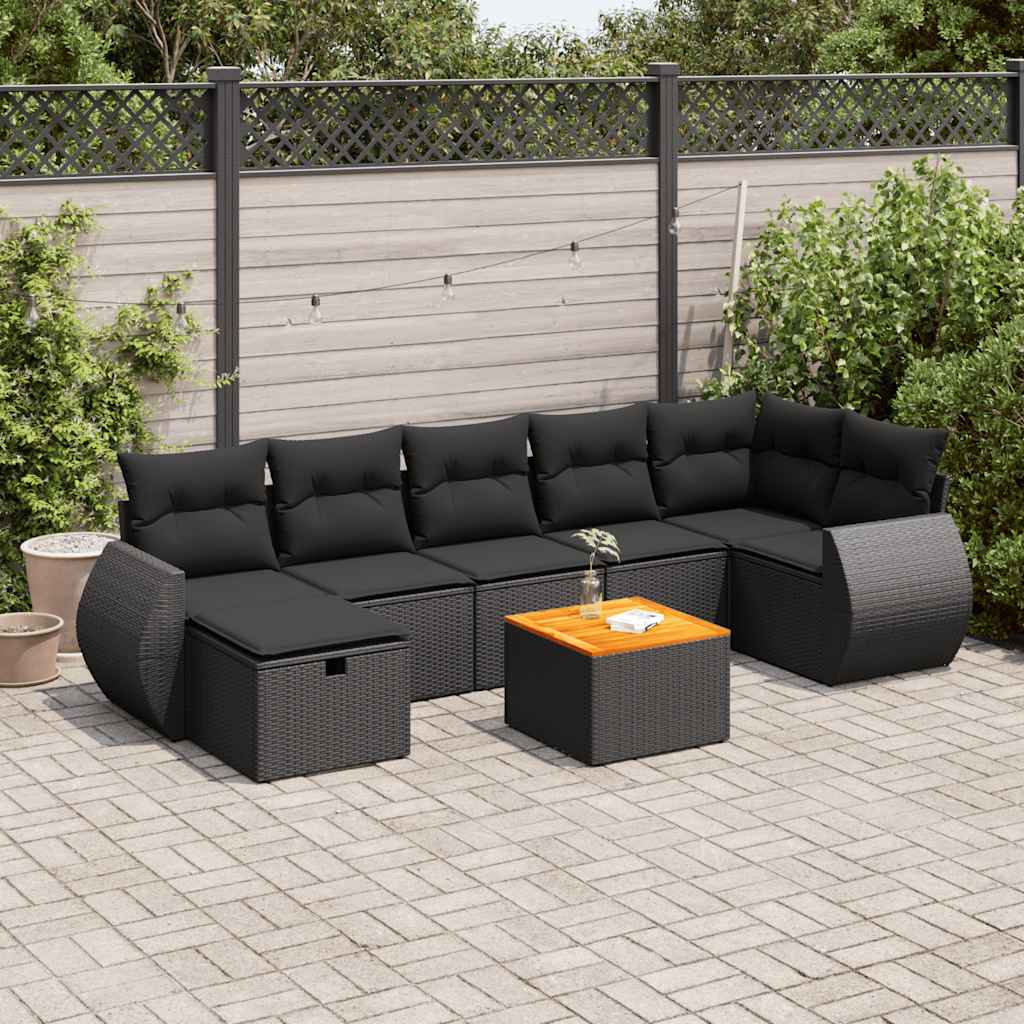 Set mobilier de grădină cu perne, 8 piese, negru, poliratan