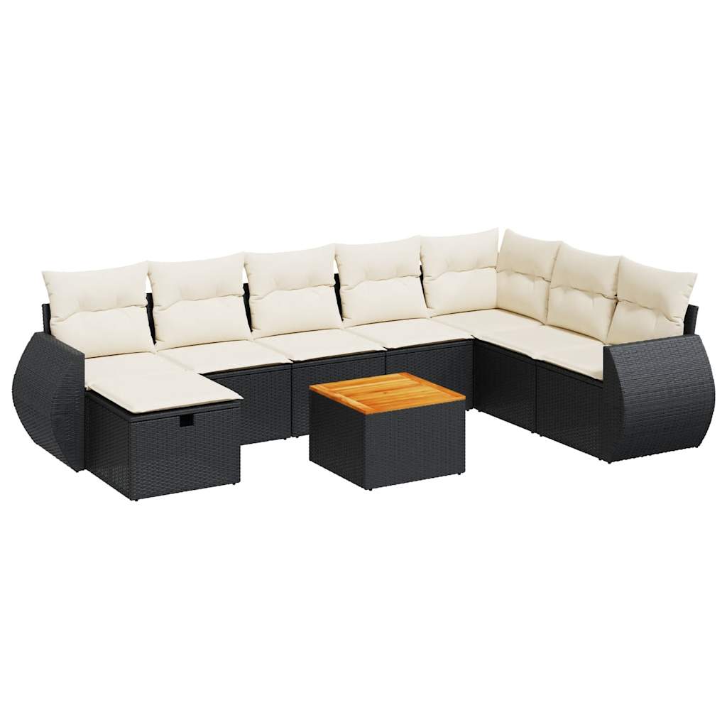 Set mobilier de grădină cu perne, 9 piese, negru, poliratan