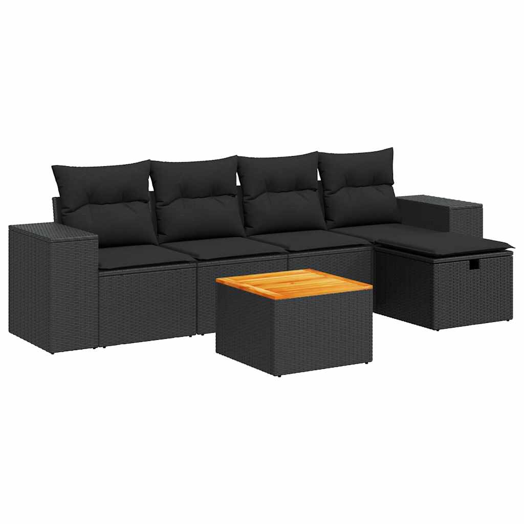 Set mobilier de grădină cu perne, 6 piese, negru, poliratan