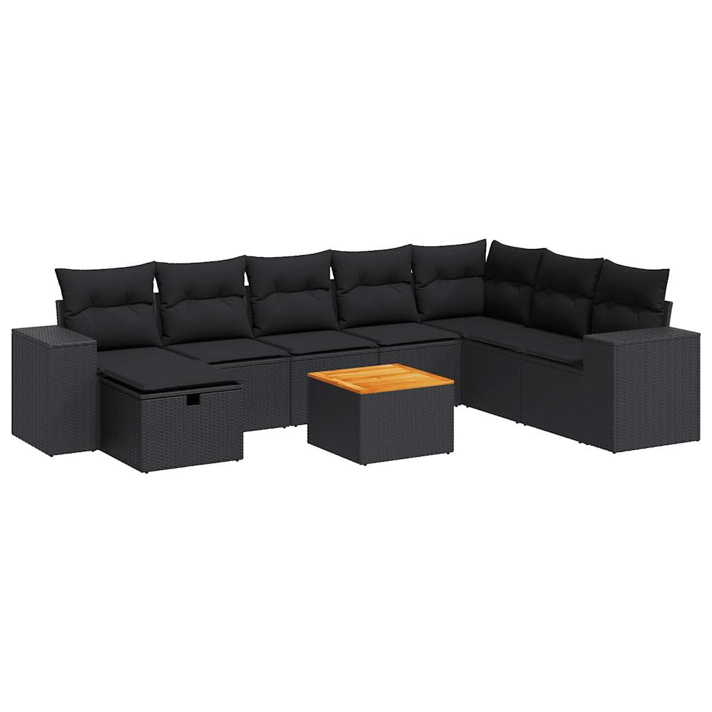 Set mobilier de grădină cu perne, 9 piese, negru, poliratan