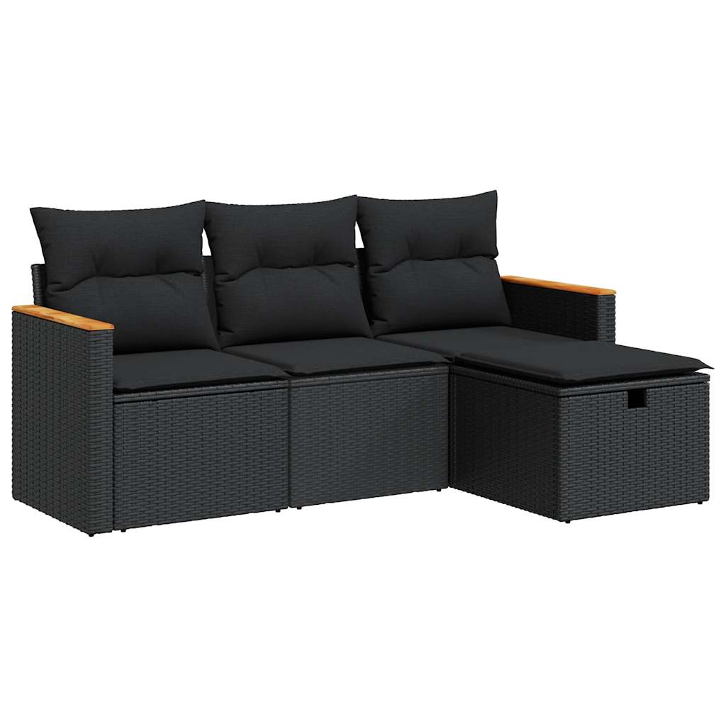 Set mobilier de grădină cu perne, 4 piese, negru, poliratan