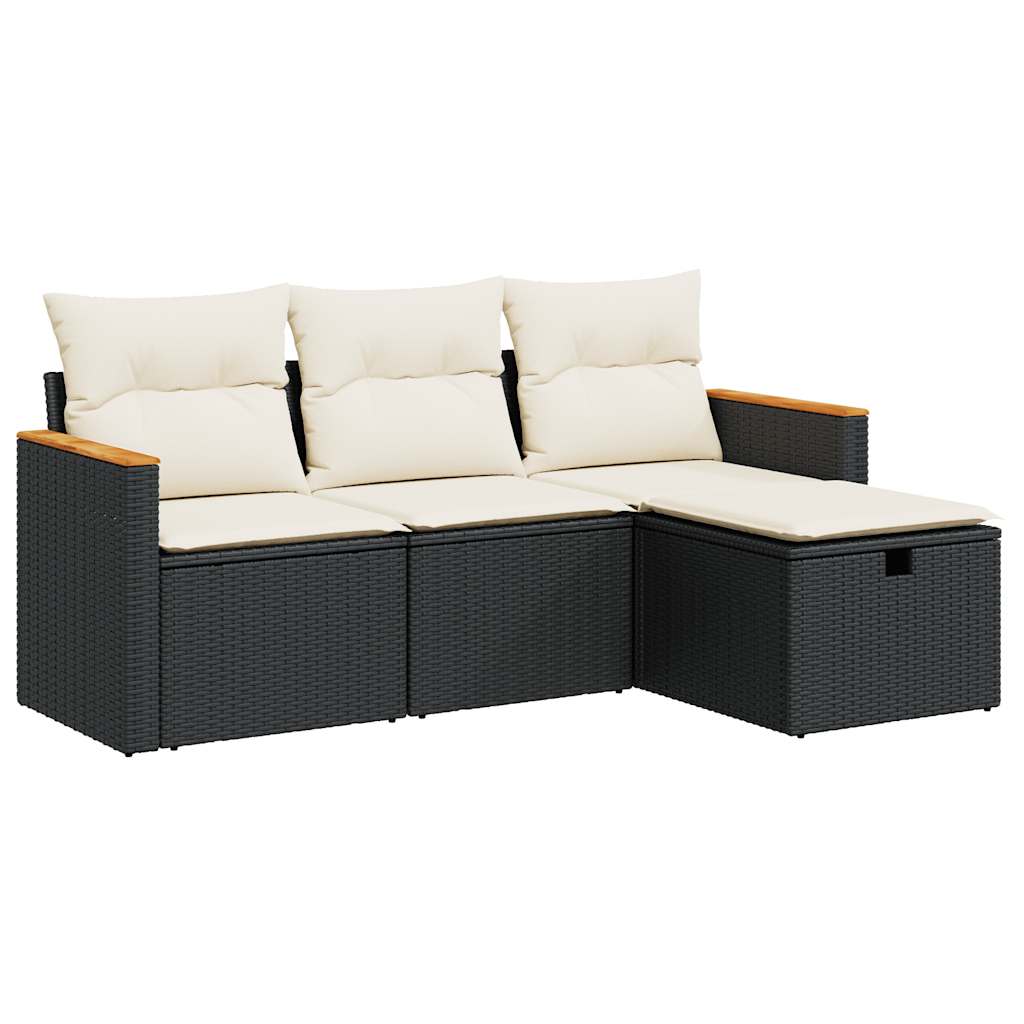 Set mobilier de grădină cu perne, 4 piese, negru, poliratan