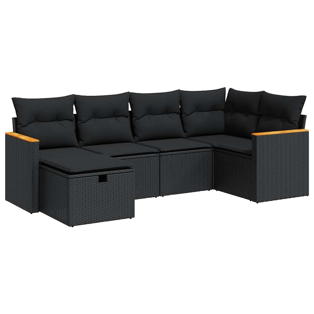 Set mobilier de grădină cu perne, 6 piese, negru, poliratan