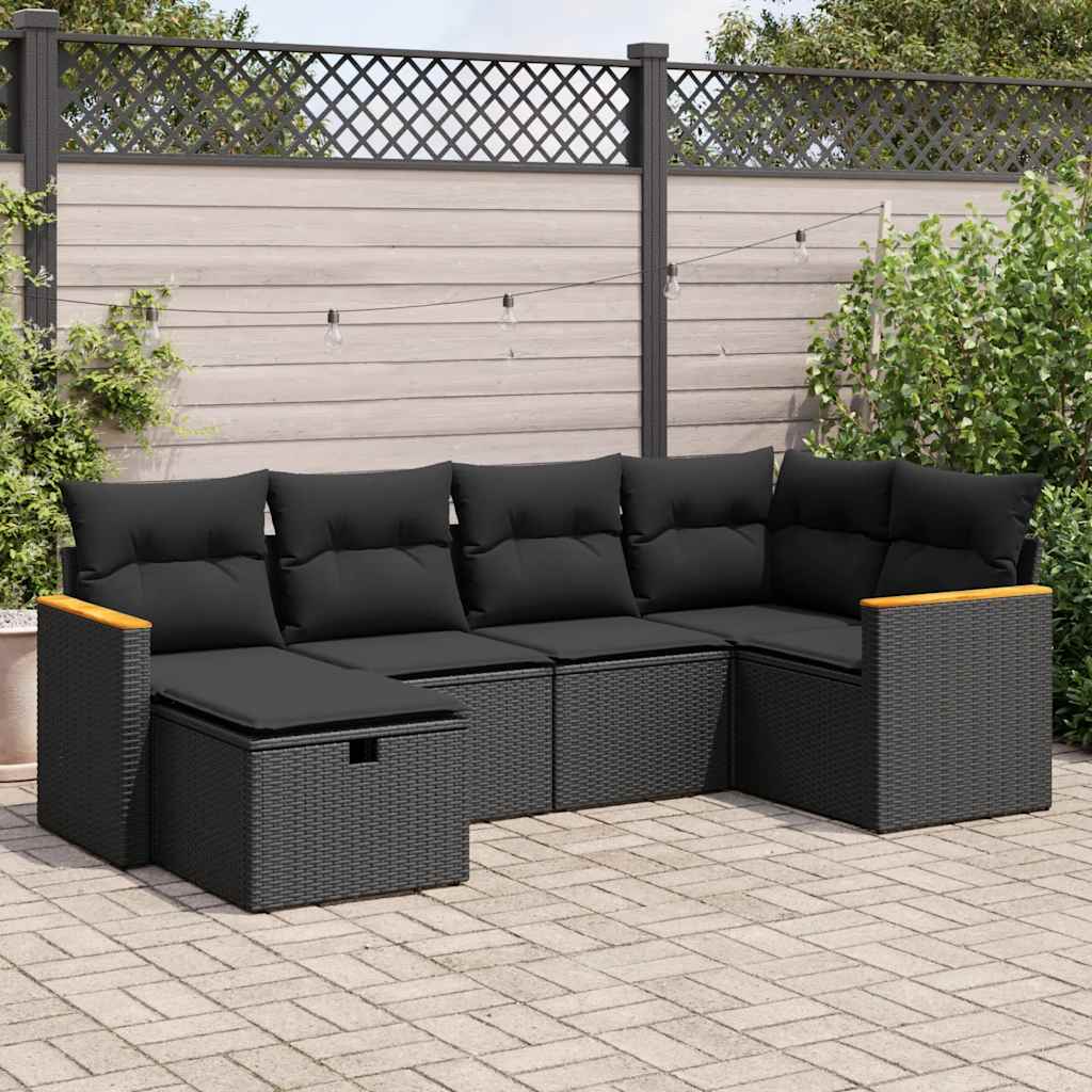 Set mobilier de grădină cu perne, 6 piese, negru, poliratan