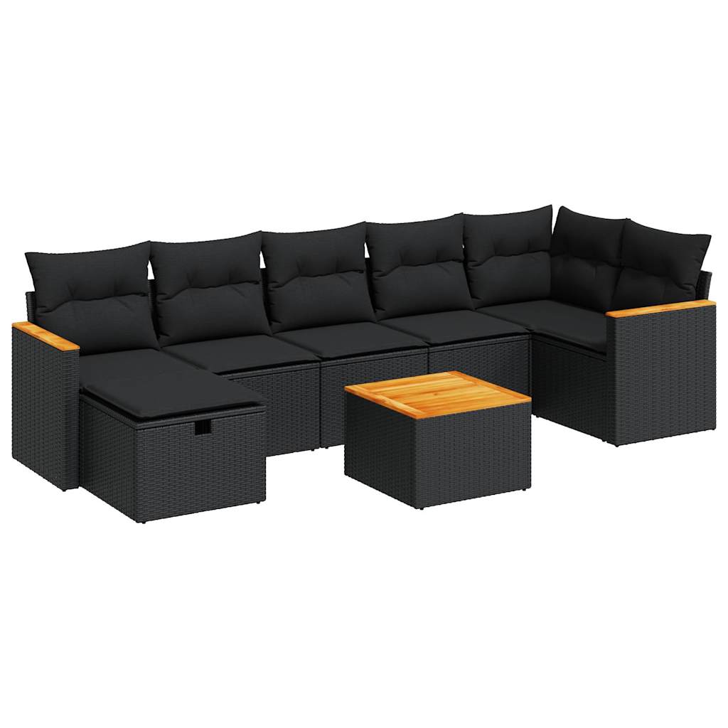 Set mobilier de grădină cu perne, 8 piese, negru, poliratan