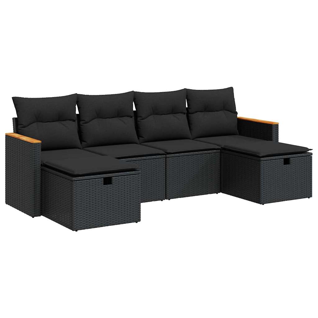 Set mobilier de grădină cu perne, 6 piese, negru, poliratan