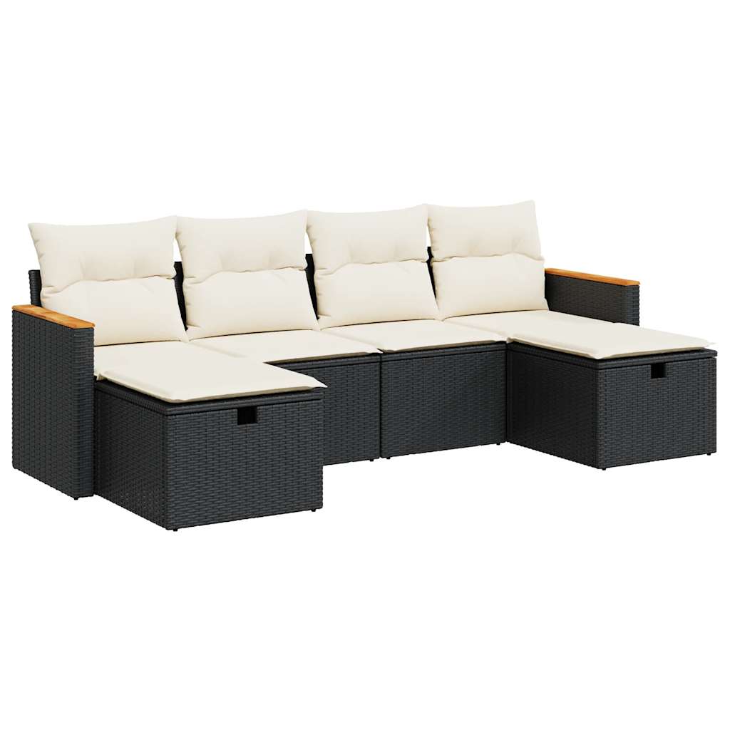 Set mobilier de grădină cu perne, 6 piese, negru, poliratan