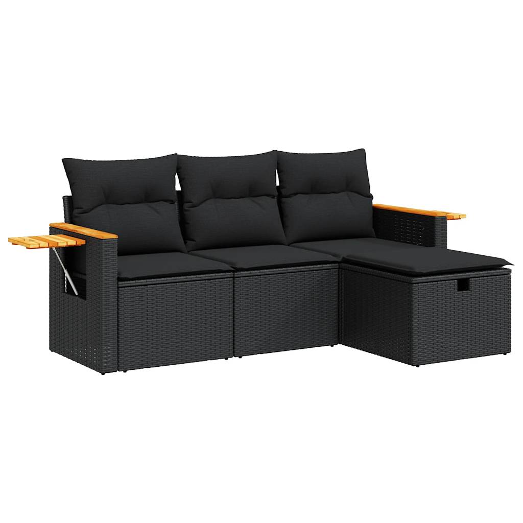 Set mobilier de grădină cu perne, 4 piese, negru, poliratan