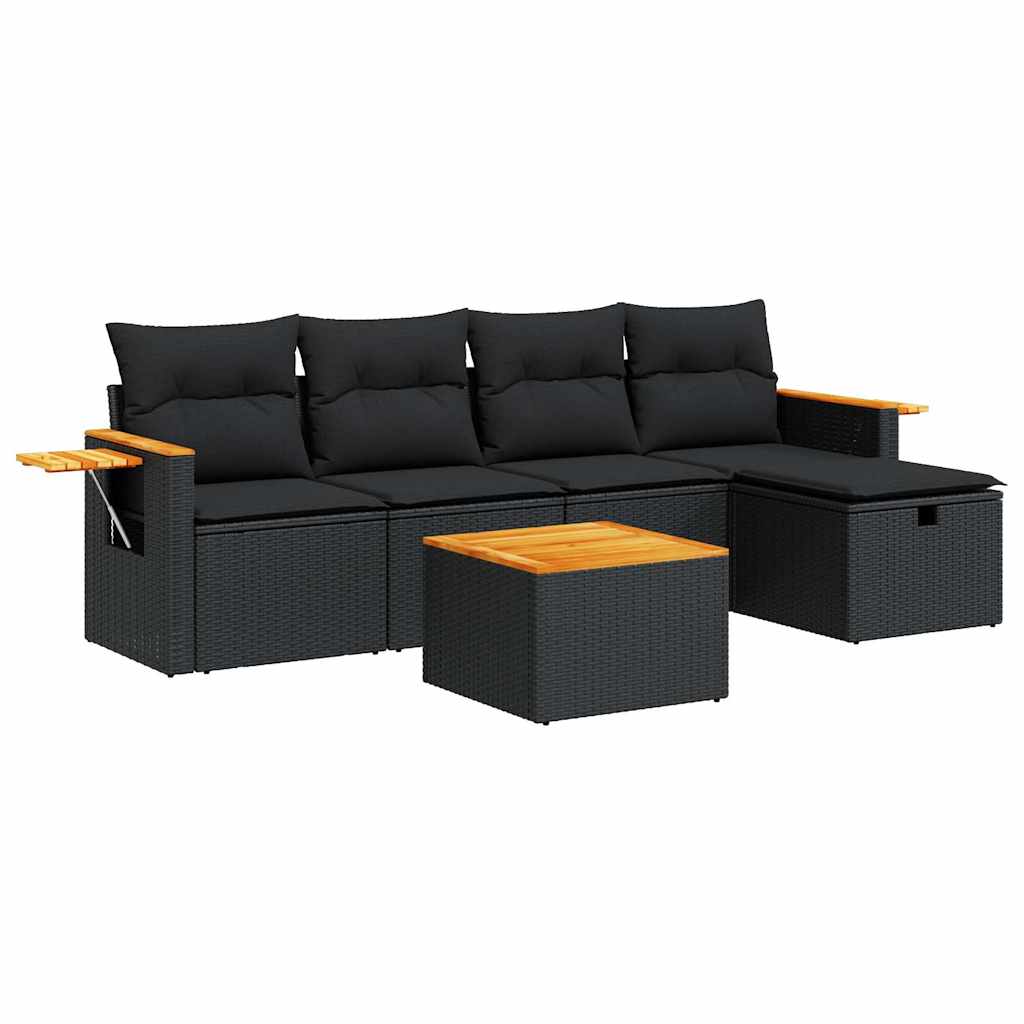 Set mobilier de grădină cu perne, 6 piese, negru, poliratan