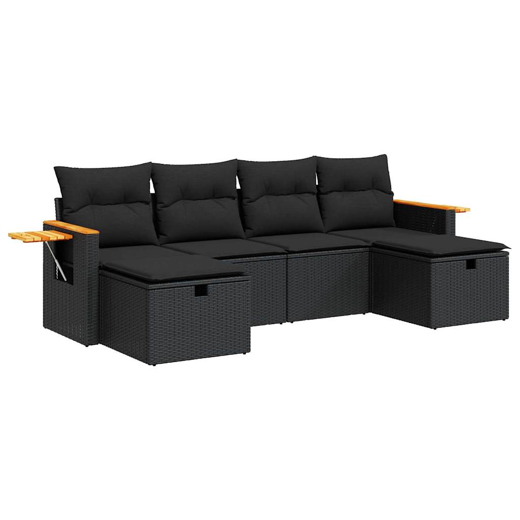 Set mobilier de grădină cu perne, 6 piese, negru, poliratan