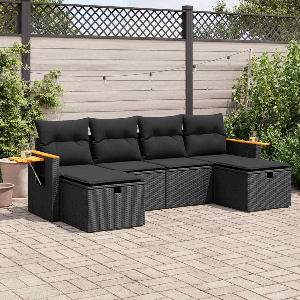 Set mobilier de grădină cu perne, 6 piese, negru, poliratan