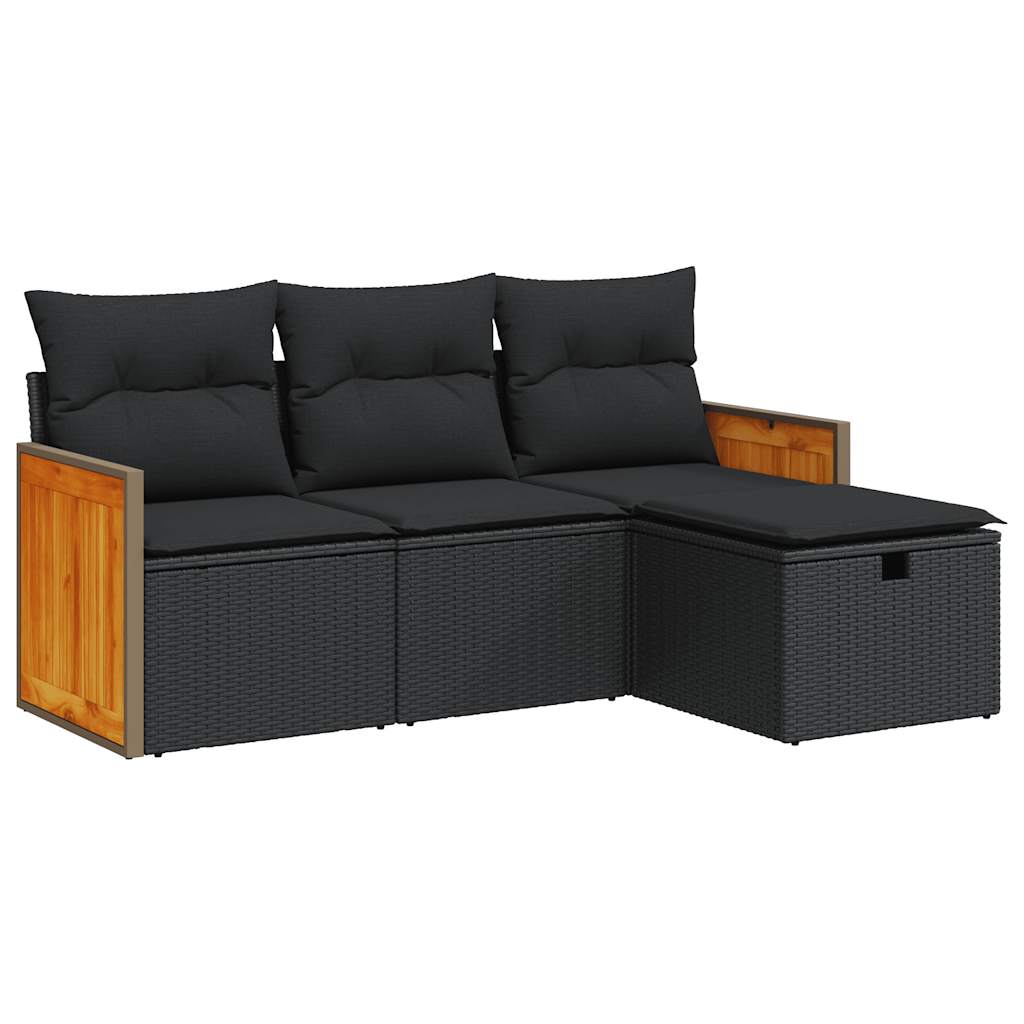 Set mobilier de grădină cu perne, 4 piese, negru, poliratan