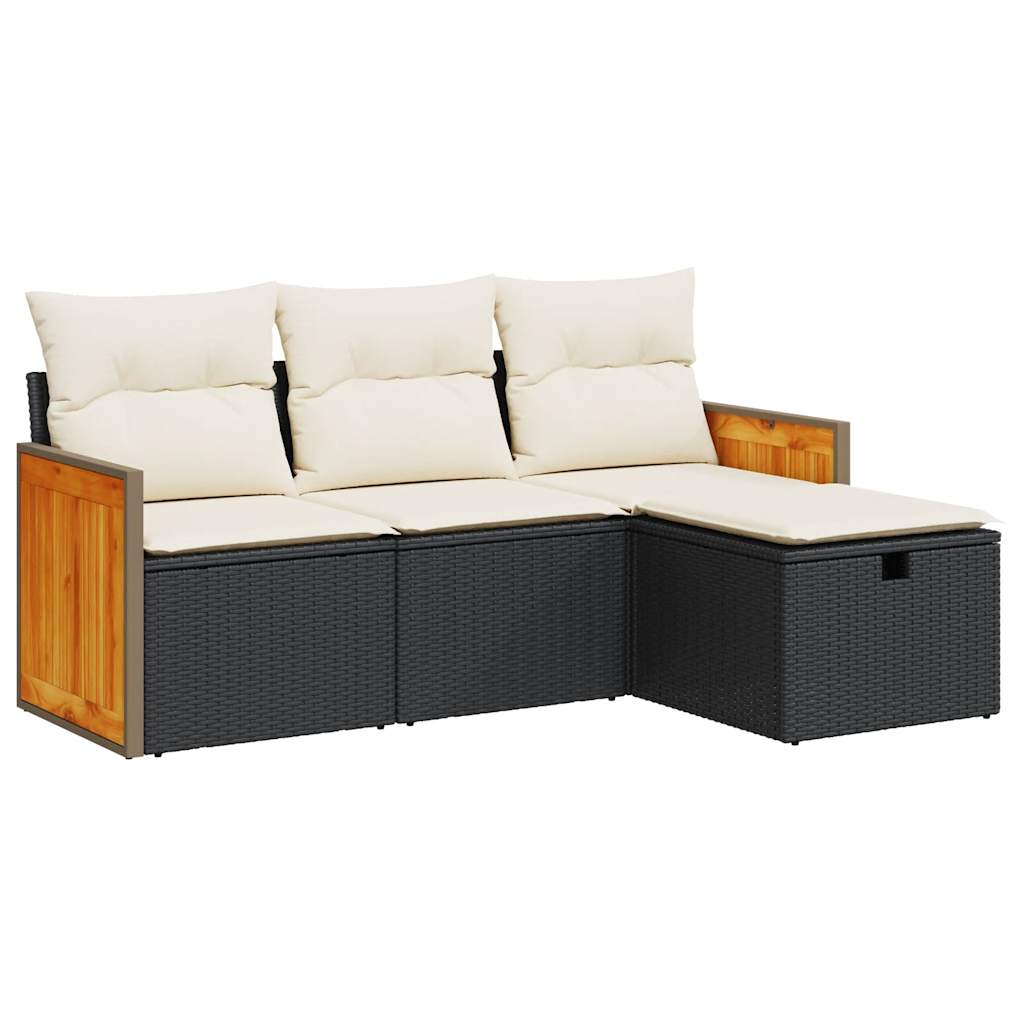 Set mobilier de grădină cu perne, 4 piese, negru, poliratan