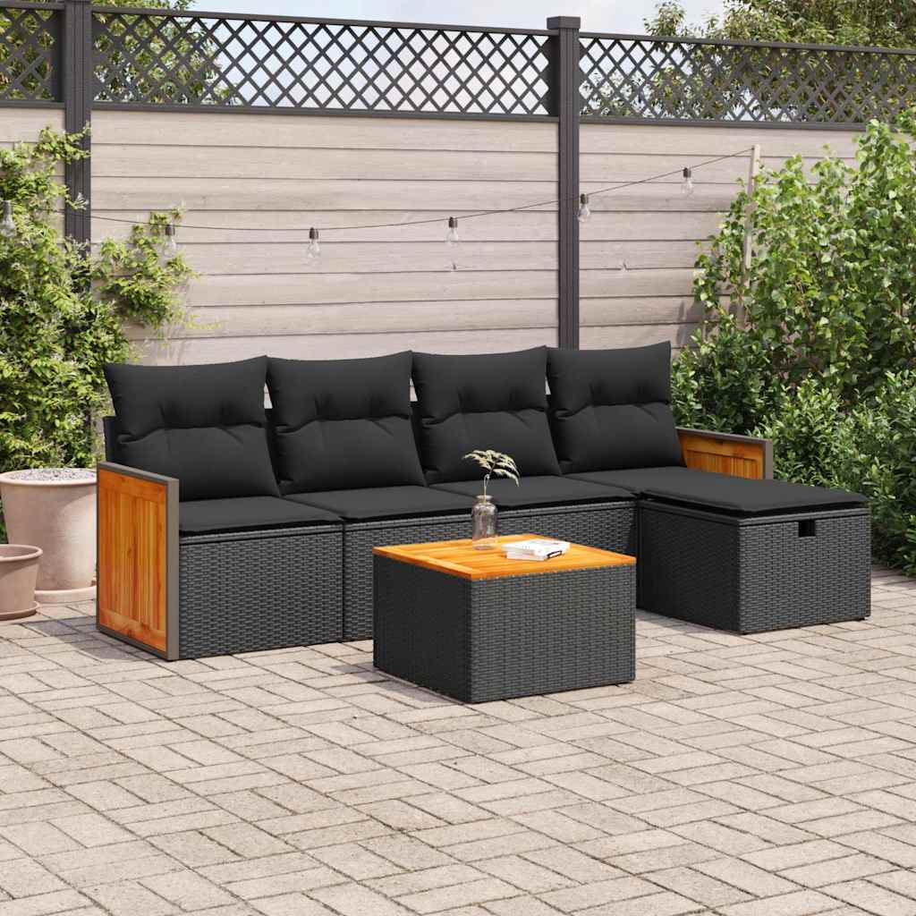 Set mobilier de grădină cu perne, 6 piese, negru, poliratan