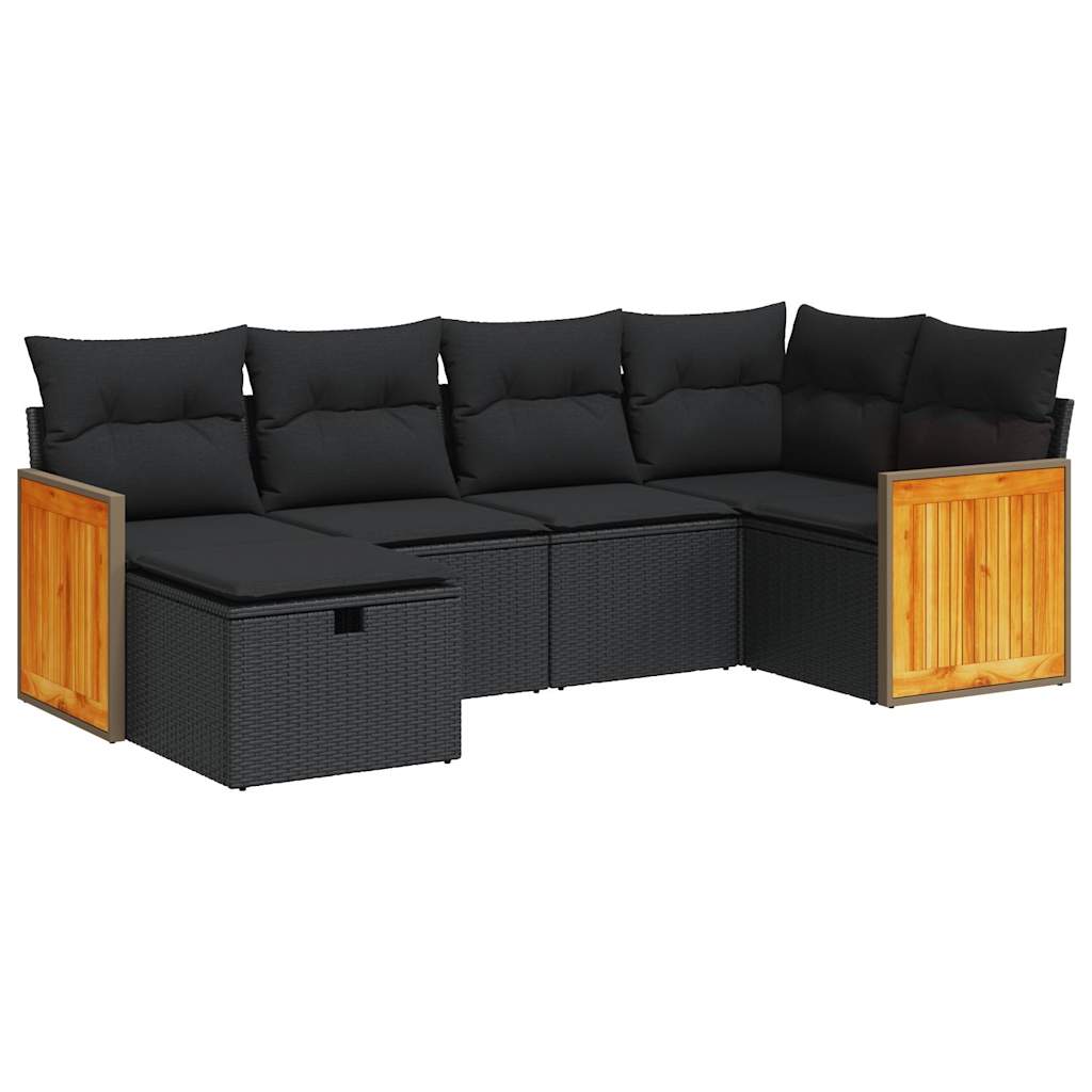 Set mobilier de grădină cu perne, 6 piese, negru, poliratan