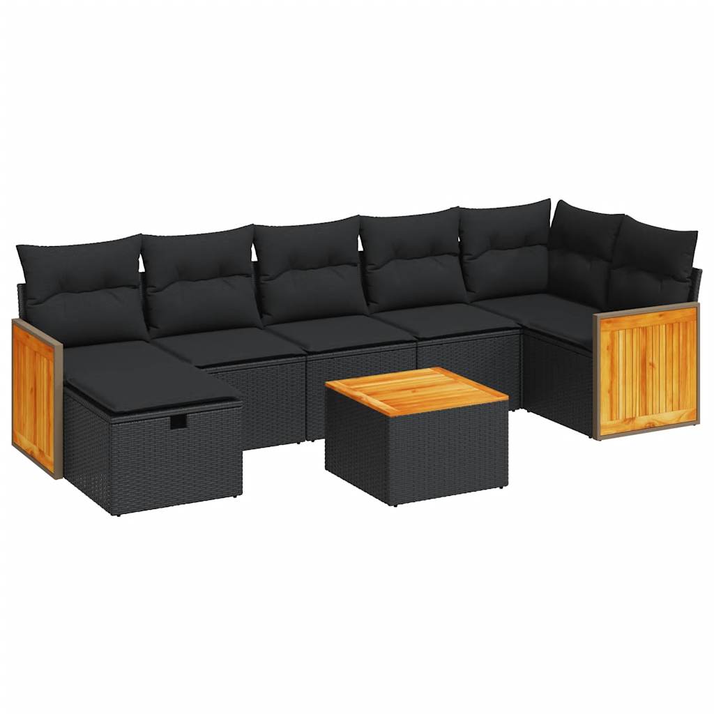 Set mobilier de grădină cu perne, 8 piese, negru, poliratan