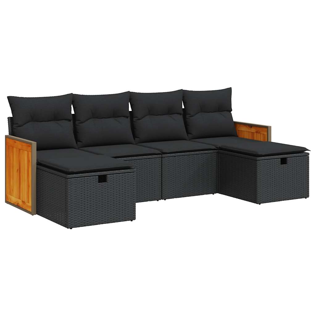 Set mobilier de grădină cu perne, 6 piese, negru, poliratan