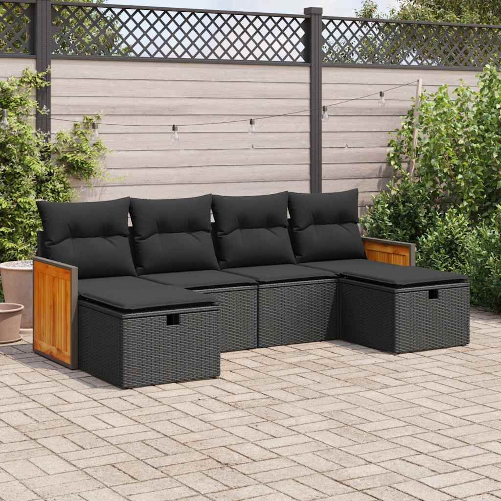 Set mobilier de grădină cu perne, 6 piese, negru, poliratan