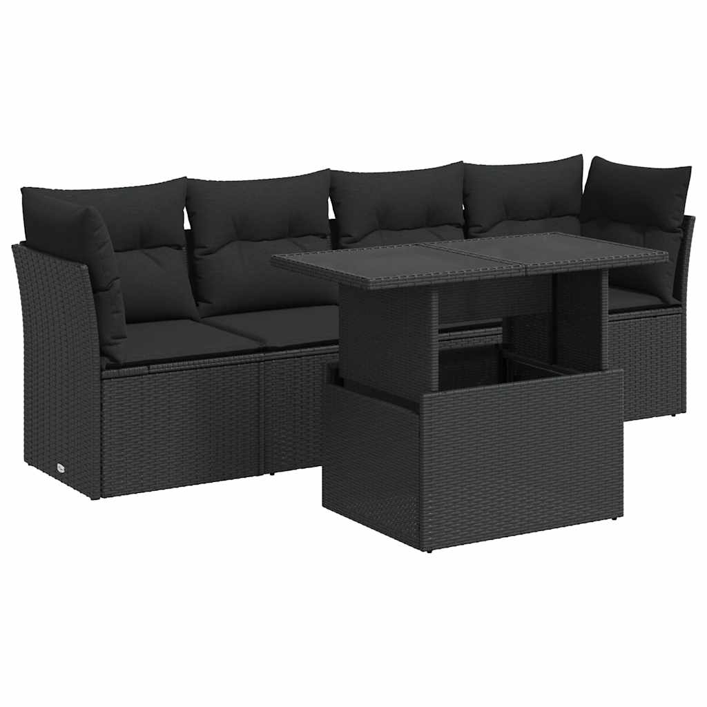 Set mobilier de grădină cu perne, 5 piese, negru, poliratan