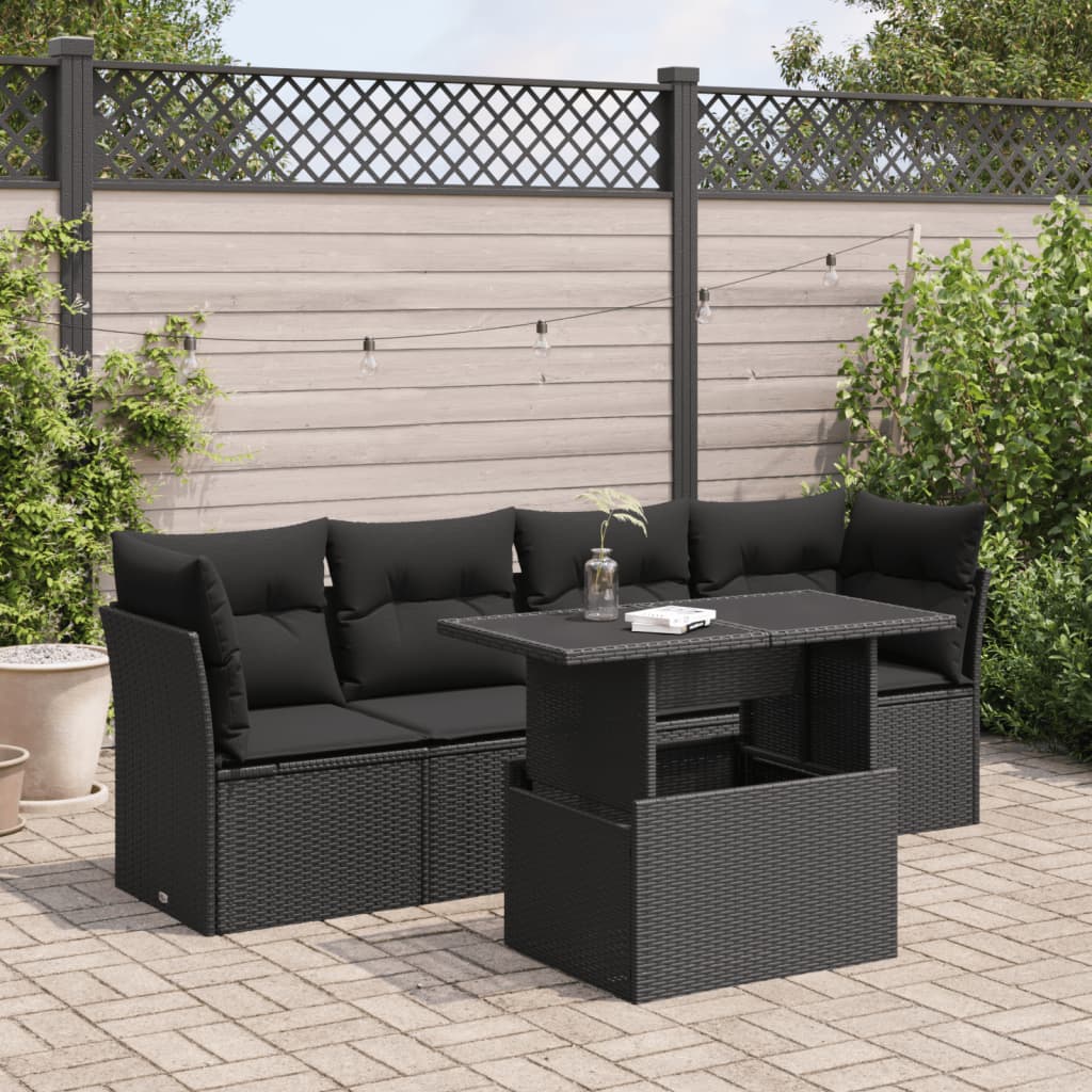 Set mobilier de grădină cu perne, 5 piese, negru, poliratan