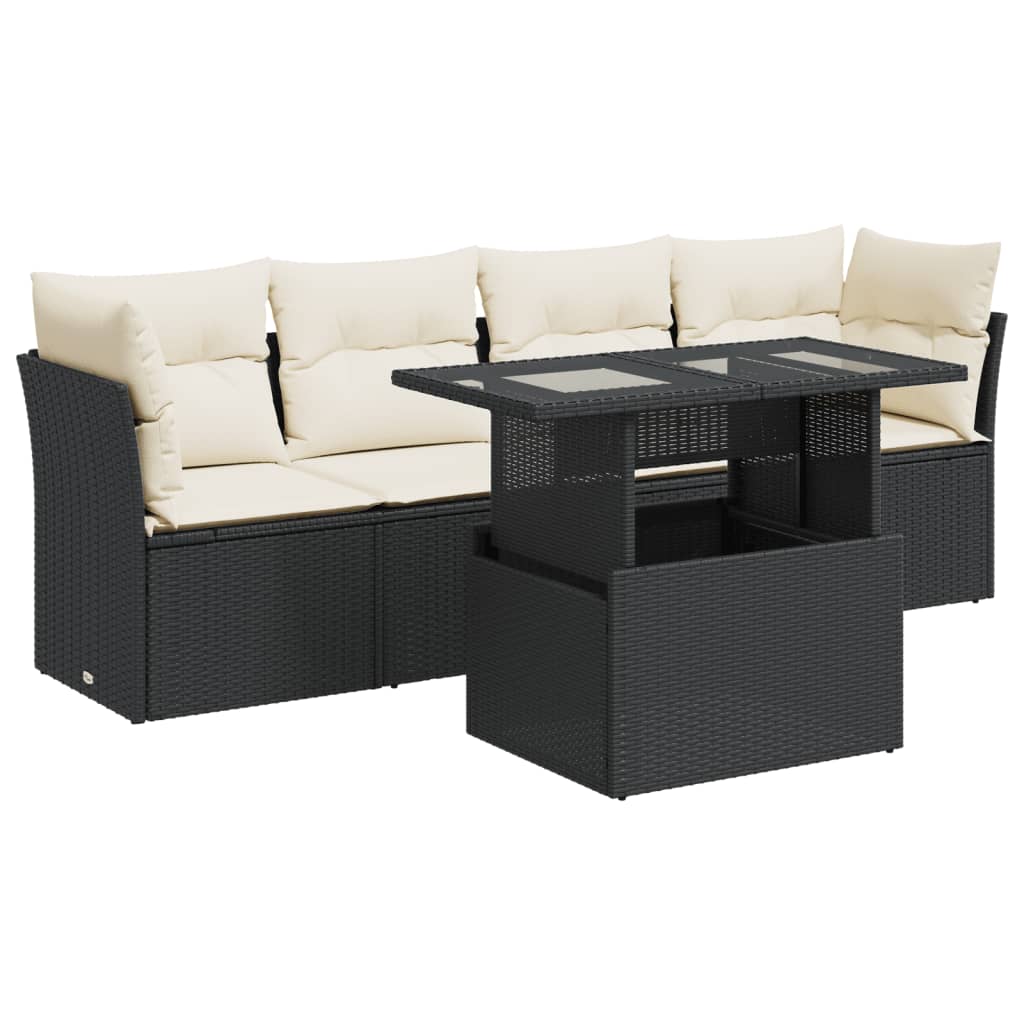 Set mobilier de grădină cu perne, 5 piese, negru, poliratan