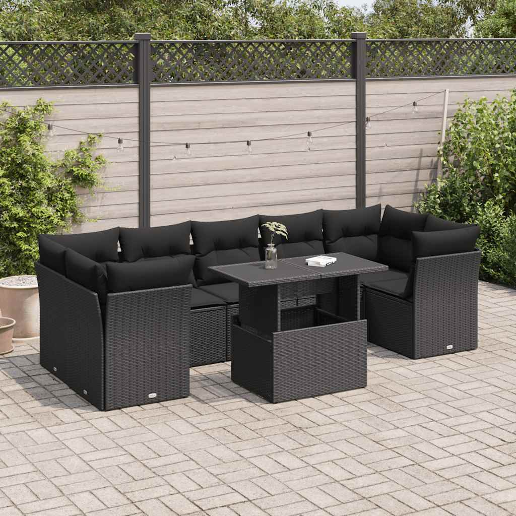 Set mobilier de grădină cu perne, 8 piese, negru, poliratan