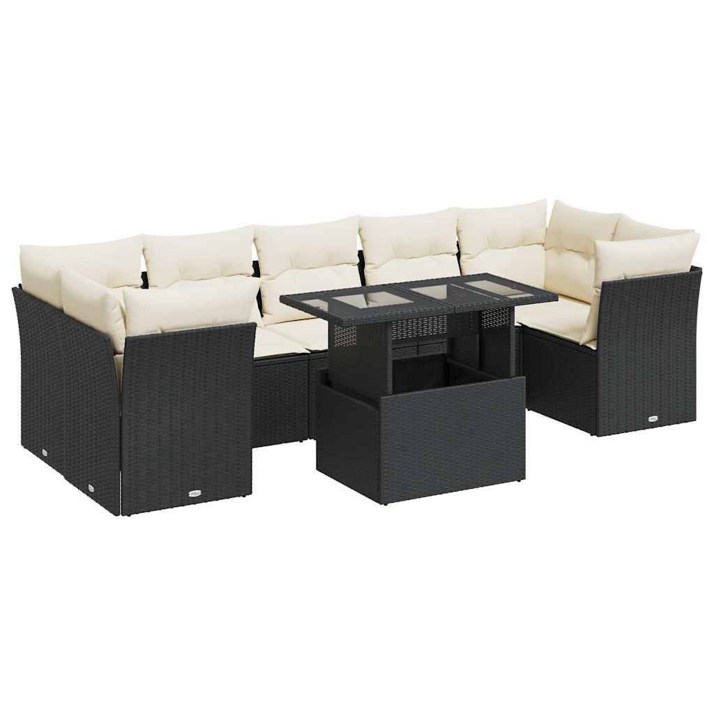 Set mobilier de grădină cu perne, 8 piese, negru, poliratan