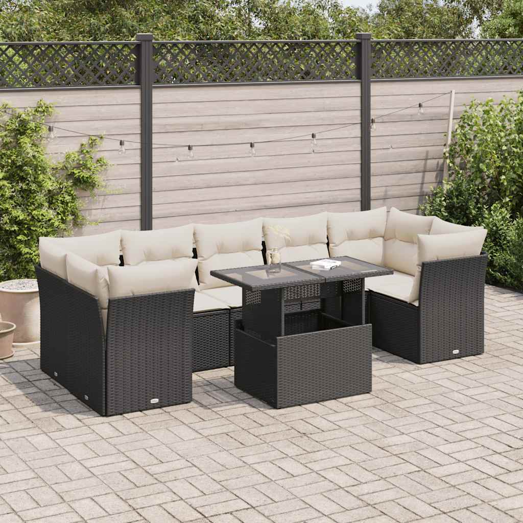 Set mobilier de grădină cu perne, 8 piese, negru, poliratan