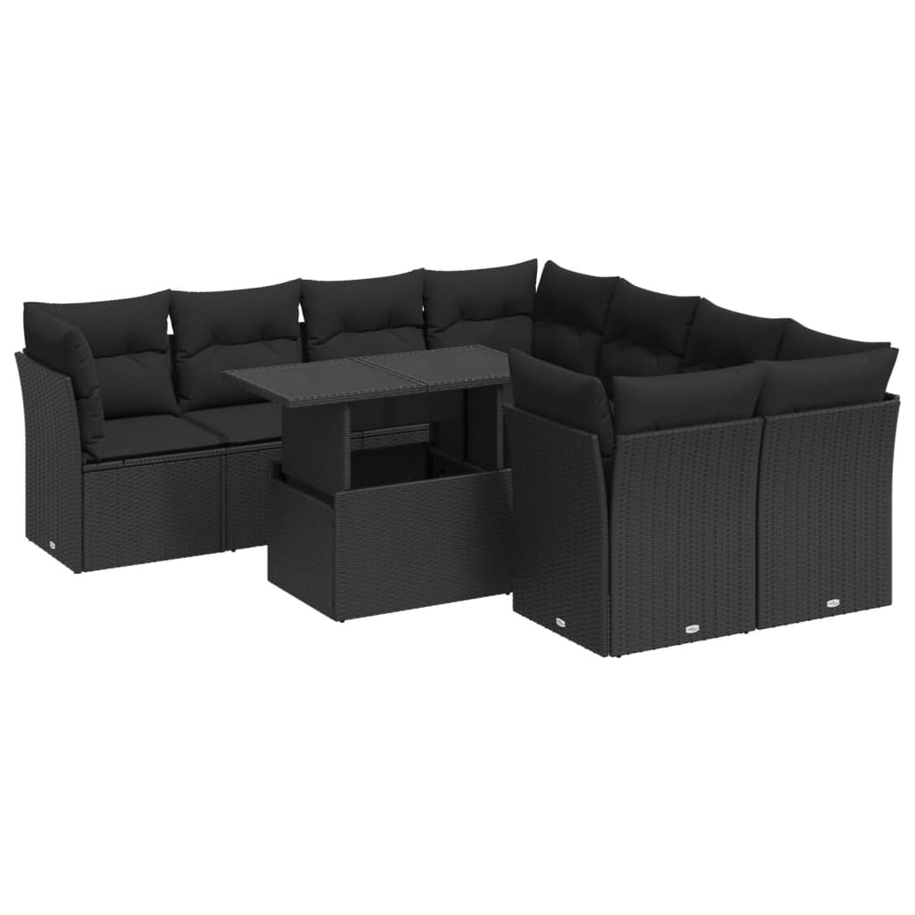 Set mobilier de grădină cu perne, 9 piese, negru, poliratan