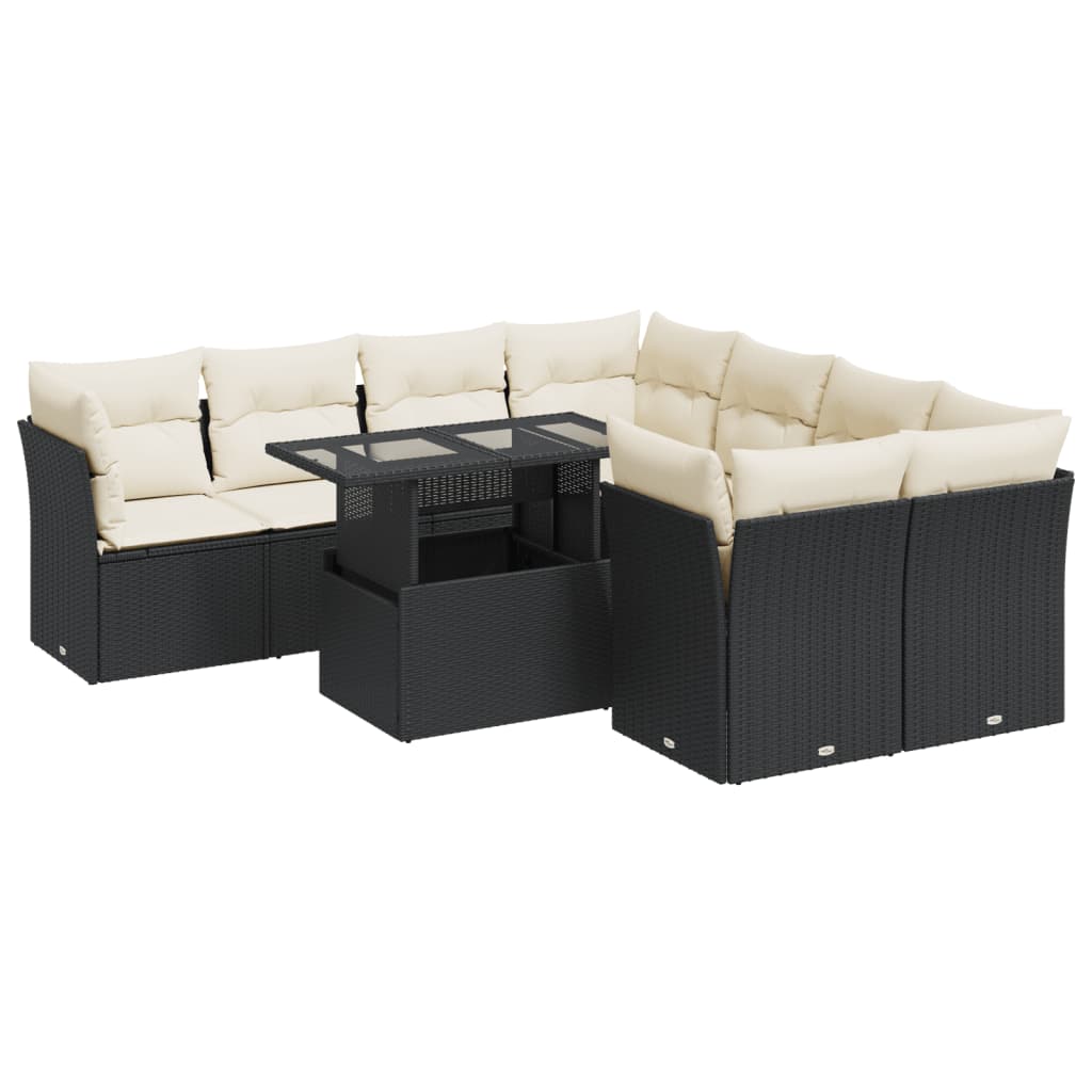 Set mobilier de grădină cu perne, 9 piese, negru, poliratan