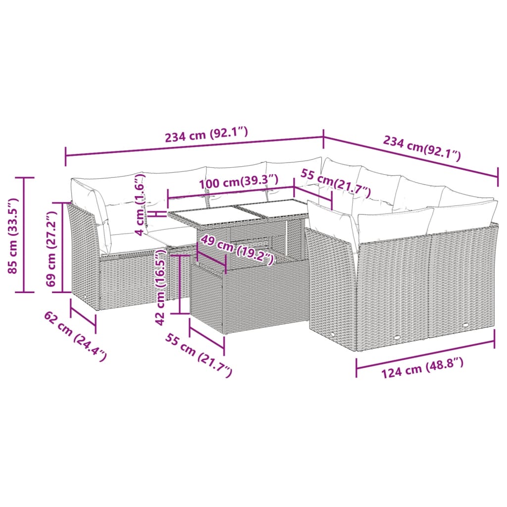 Set mobilier de grădină cu perne, 9 piese, negru, poliratan