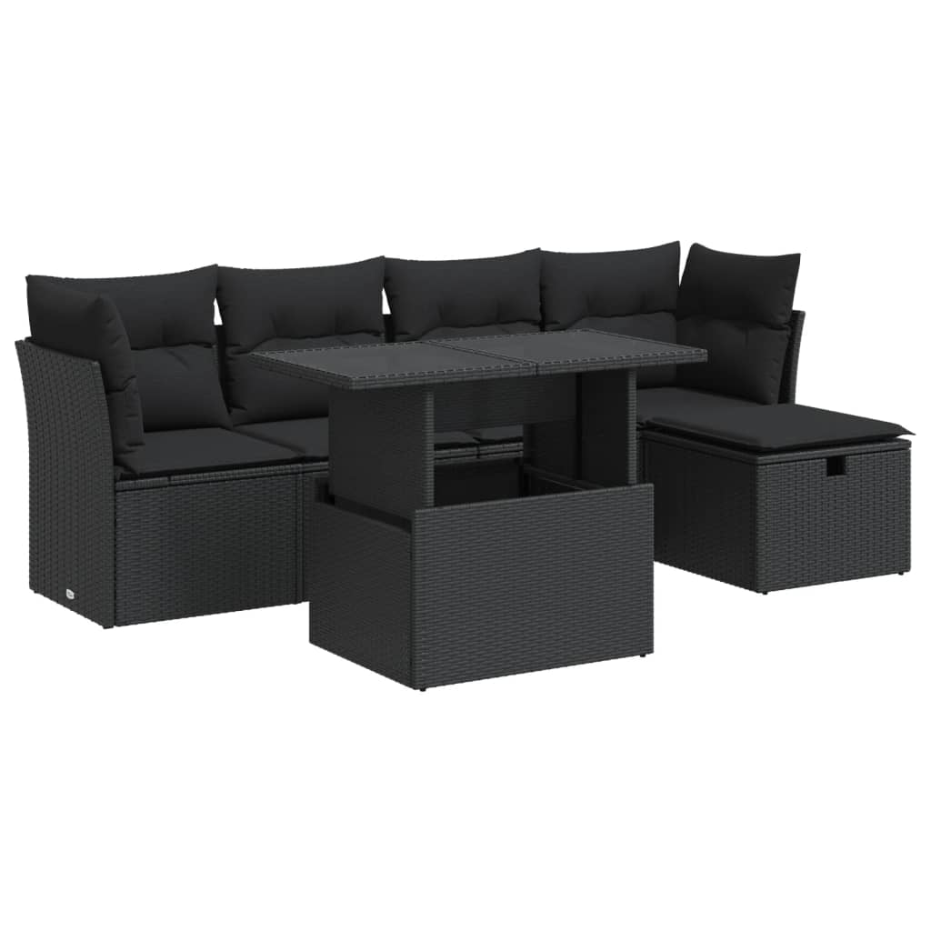 Set mobilier de grădină cu perne, 6 piese, negru, poliratan