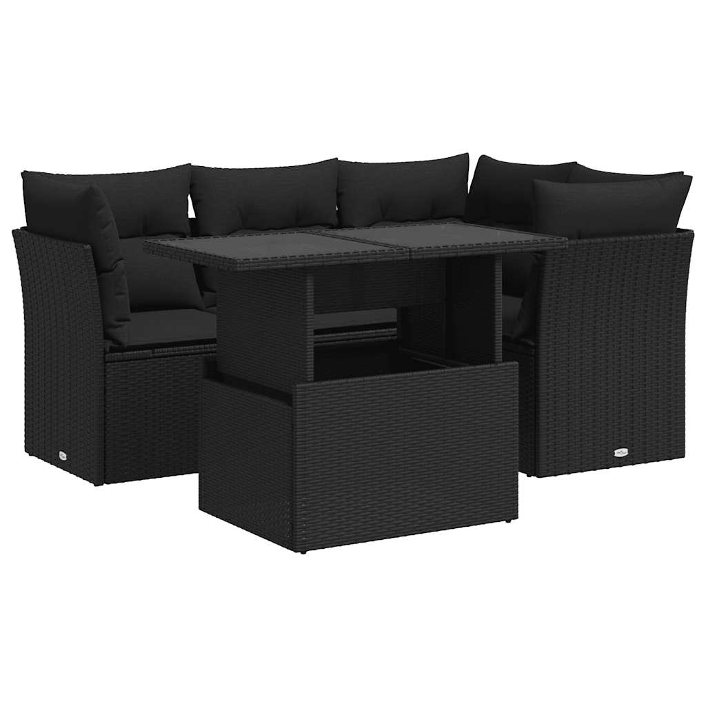 Set mobilier de grădină cu perne, 5 piese, negru, poliratan