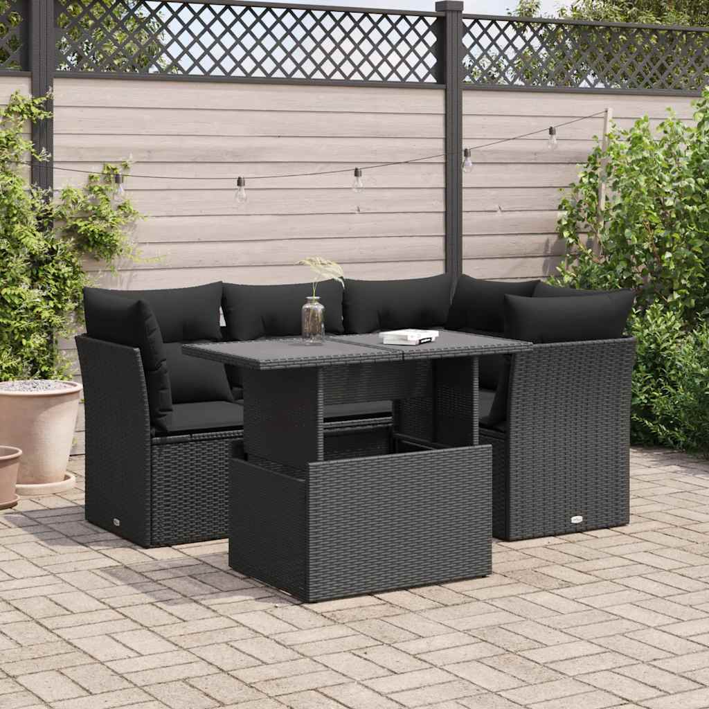 Set mobilier de grădină cu perne, 5 piese, negru, poliratan