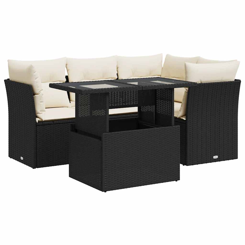 Set mobilier de grădină cu perne, 5 piese, negru, poliratan