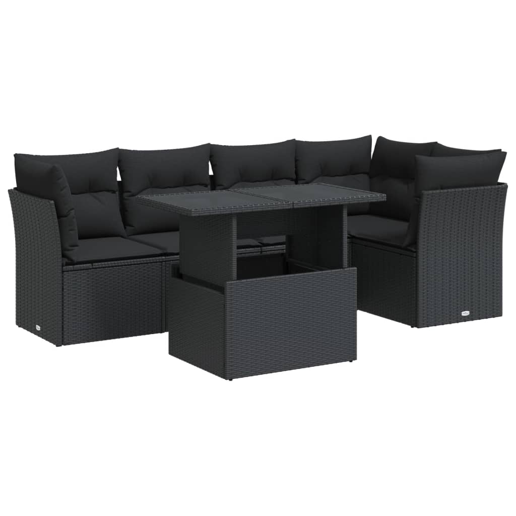 Set mobilier de grădină cu perne, 6 piese, negru, poliratan