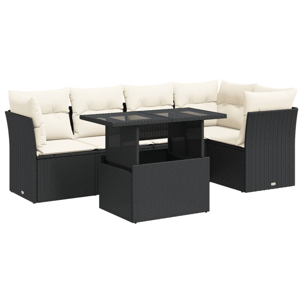 Set mobilier de grădină cu perne, 6 piese, negru, poliratan